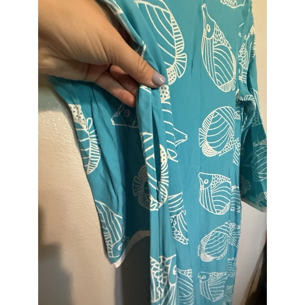 Sail To‎ Sable STS Maxi Dress Women's Size XS 100% Silk Blue Fish Tropical